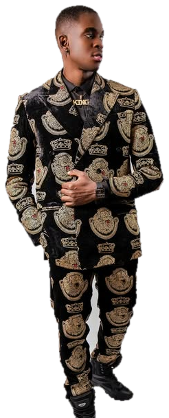 SECKY in a black and gold patterned suit, photographed full length in the studio